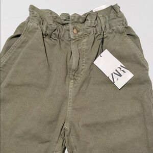 Zara Olive Green High-Rise Paperbag Waist Jeans
